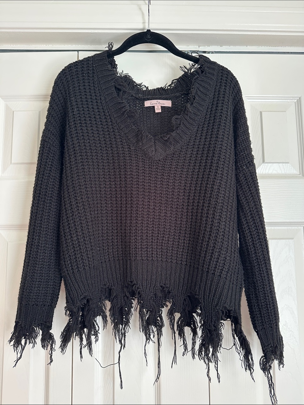 Love Tree Black Distressed Fringe V-Neck Sweater
